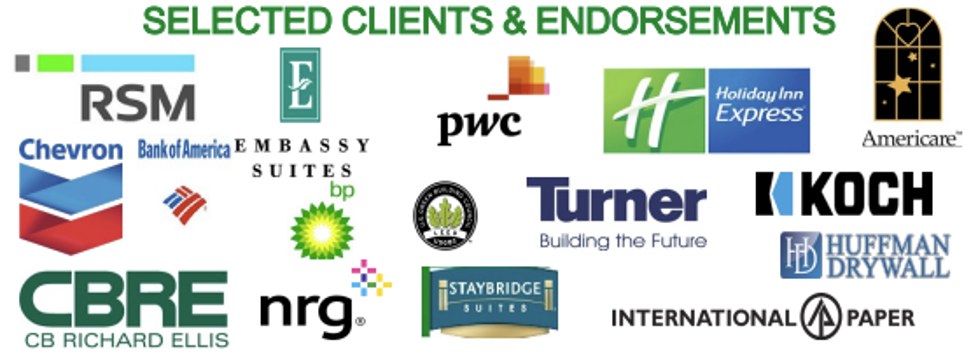 Selected clients and endorsements including RSM, PwC, Chevron, Bank of America, Embassy Suites, Holiday Inn Express, Turner Construction, Koch, CBRE, and others